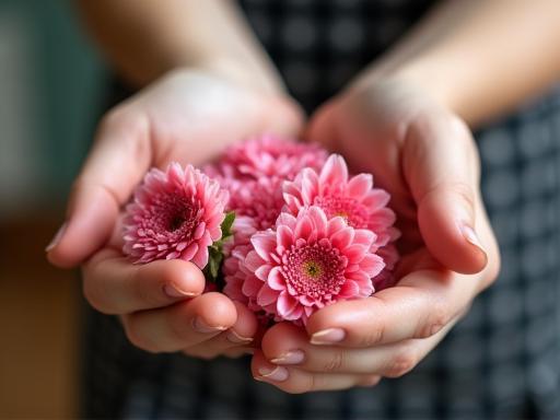 Hands arranging flowers with care tips overlaid